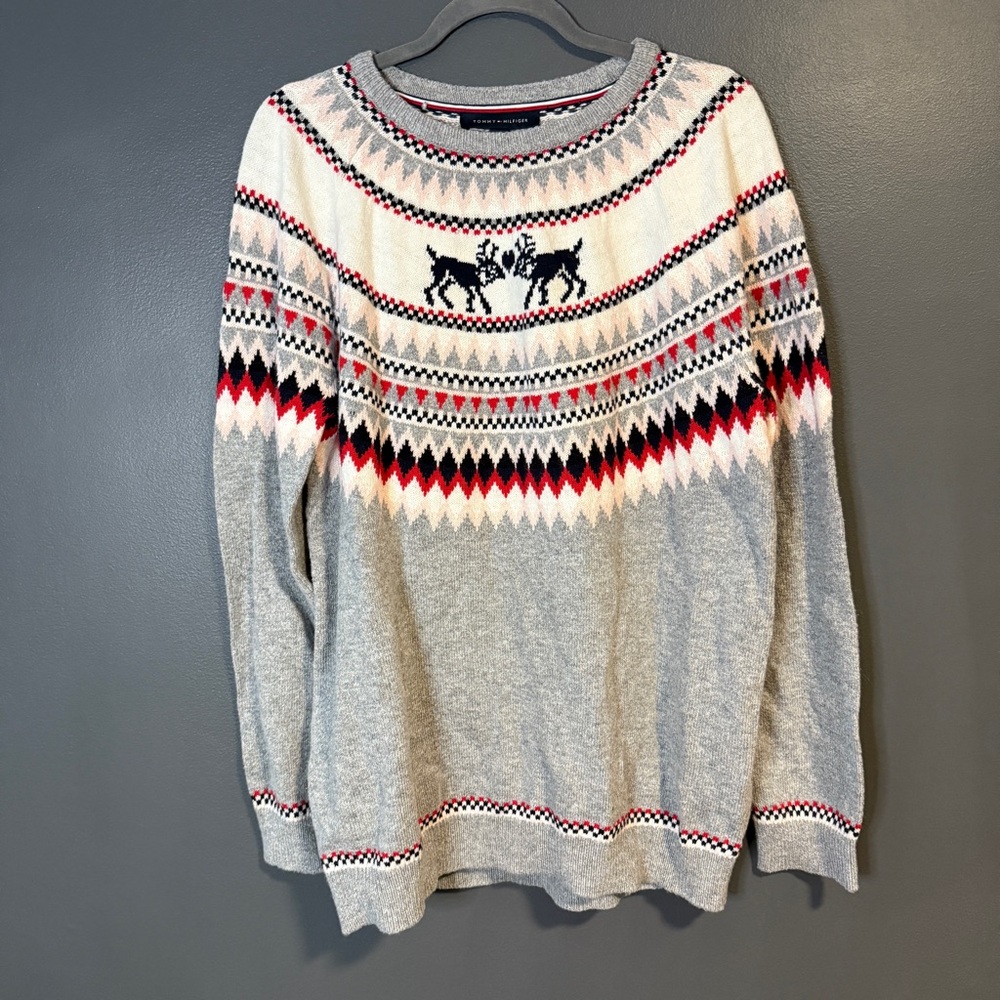 NWT Tommy Hilfiger Gray and Red Kissing Reindeer Fair Isle Crewneck Sweater